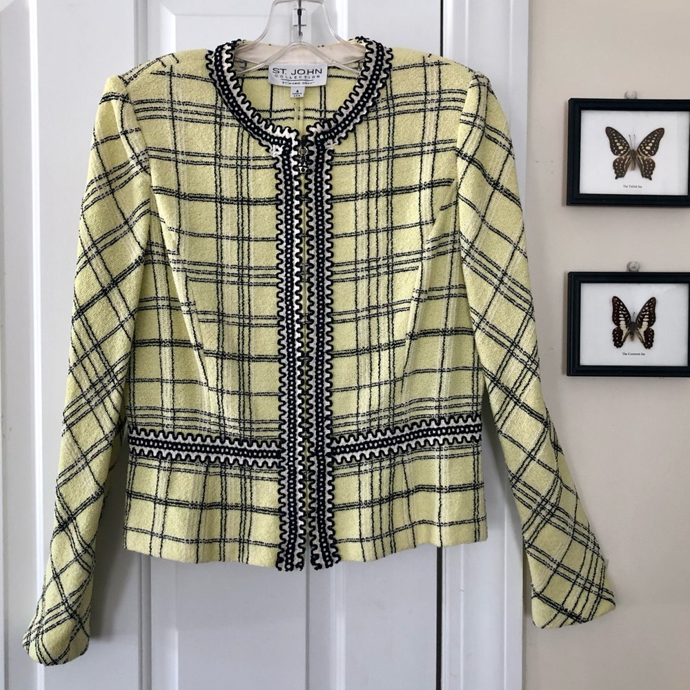 St. John Collection Yellow Plaid Tweed Jacket with Black Trim